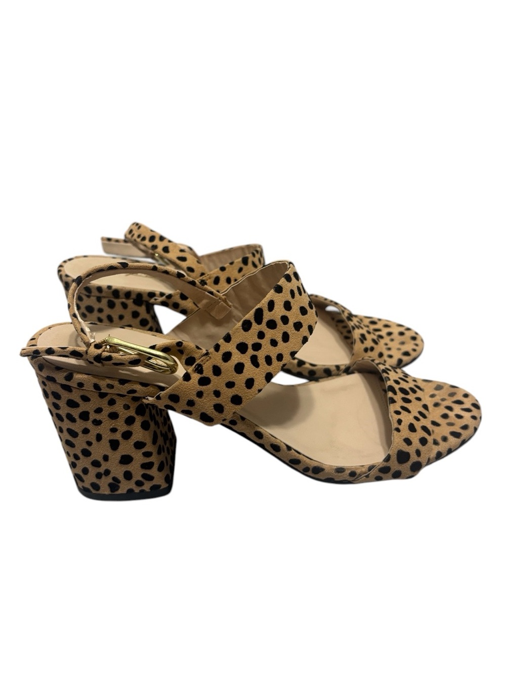 Qupid Tan Black Leopard Print Block Heel Sandals Womens Size 7